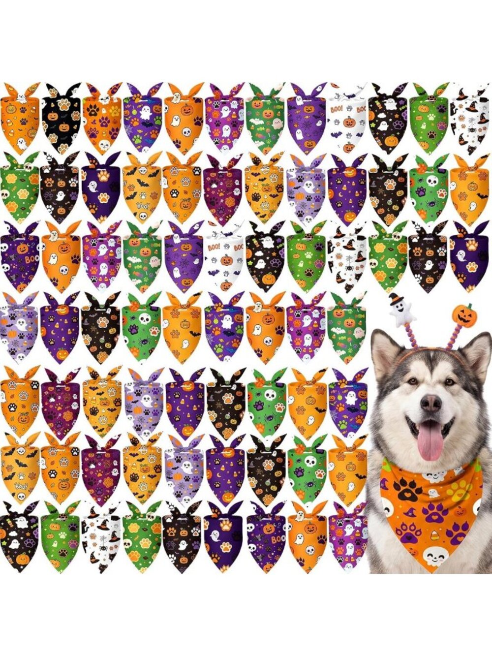 Cute Halloween Dog Bandanas - 100 Pcs Paw Print Pattern for Pets, Bulk Set